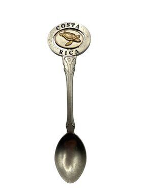 Costa Rica Souvenir Spoon W/ Turtle Design Silver & Gold Tone Metal Collectible